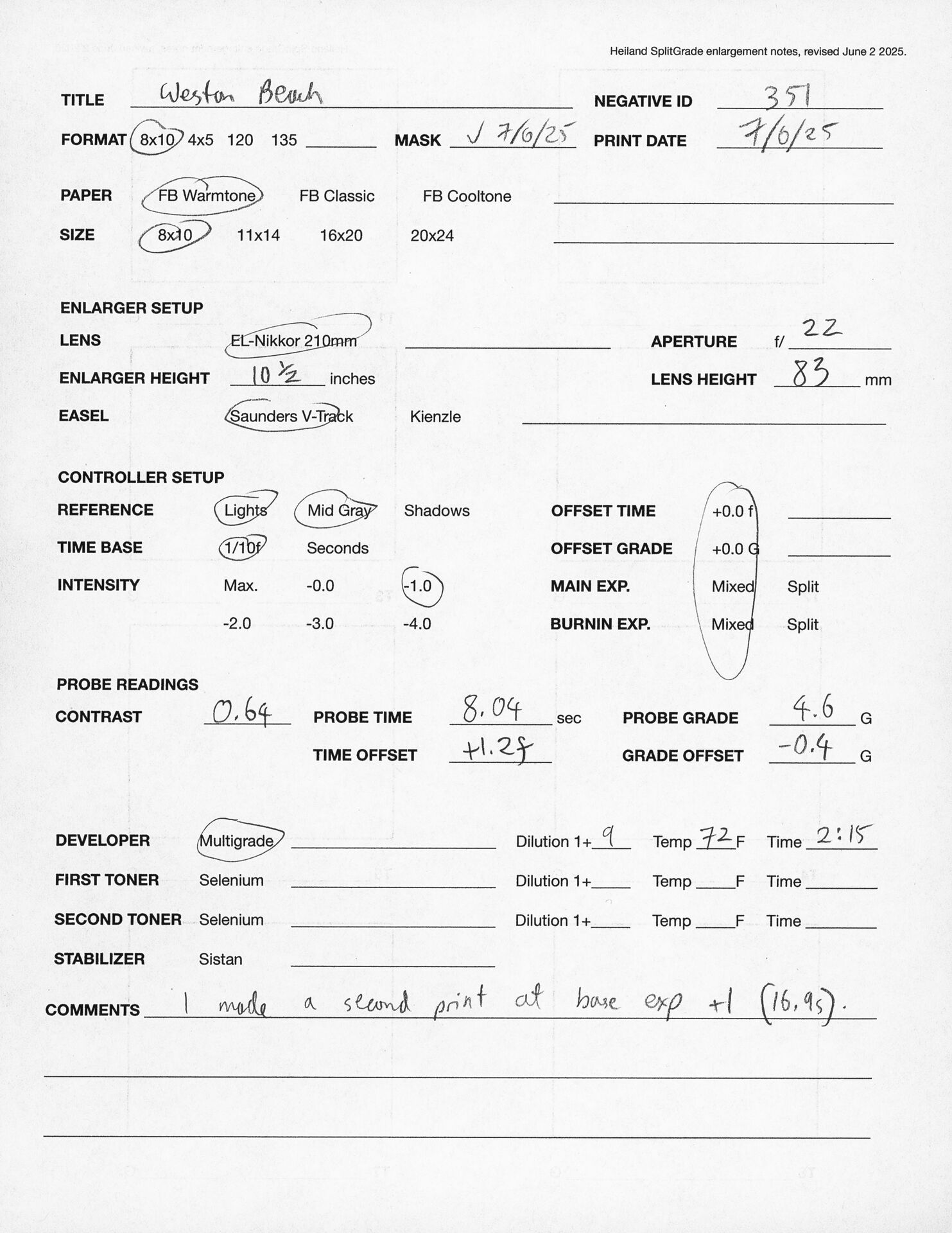 Printing notes (front)